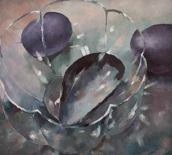 Painting of a glass bowl with mussel shell and plums.