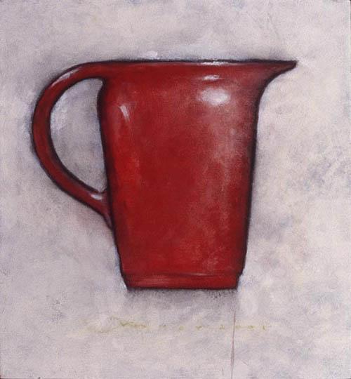Painting of an old red pitcher with water.