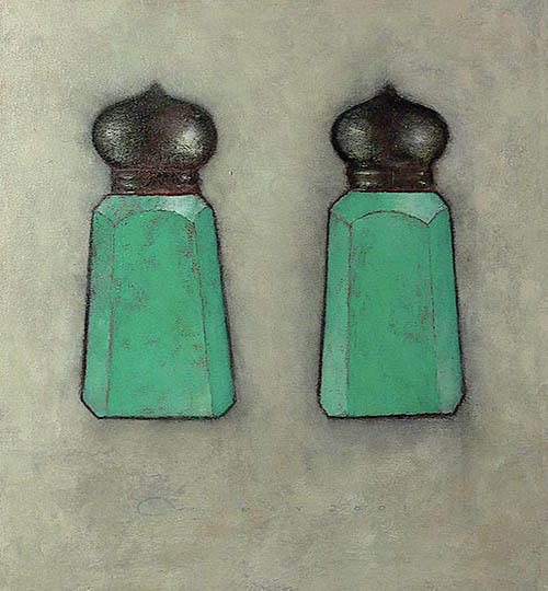 Painting of an old red pitcher with water.